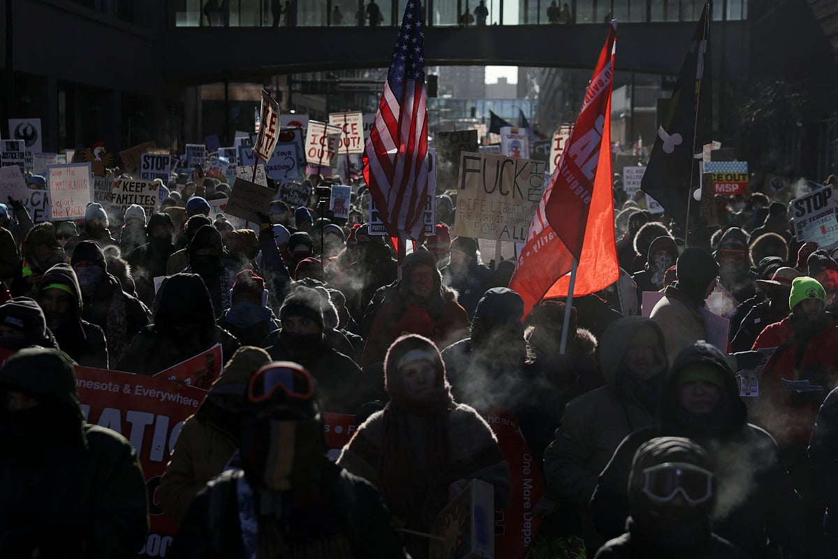 Demonstrators take part in a rally on the day of a general strike to protest U.S. President Donald Trump's deployment of thousands of immigration enforcement officers on the streets of Minneapolis, Minnesota, US, 23 January 2026.