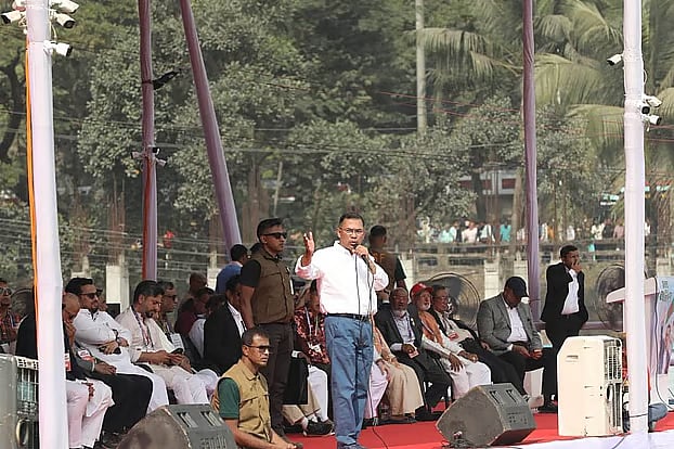 BNP Chairman Tarique Rahman speaks at a public rally organised by BNP at the Polo Ground in Chattogram today, Sunday shortly after one o'clock.