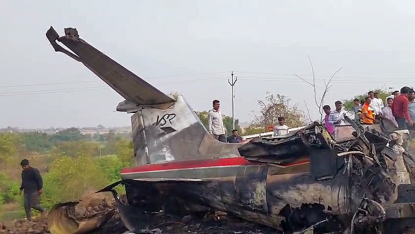 Wreckage of an aircraft at the crash site at Baramati, in Pune on 28 January 2026. Maharashtra Deputy Chief Minister Ajit Pawar and five people on board died in the crash