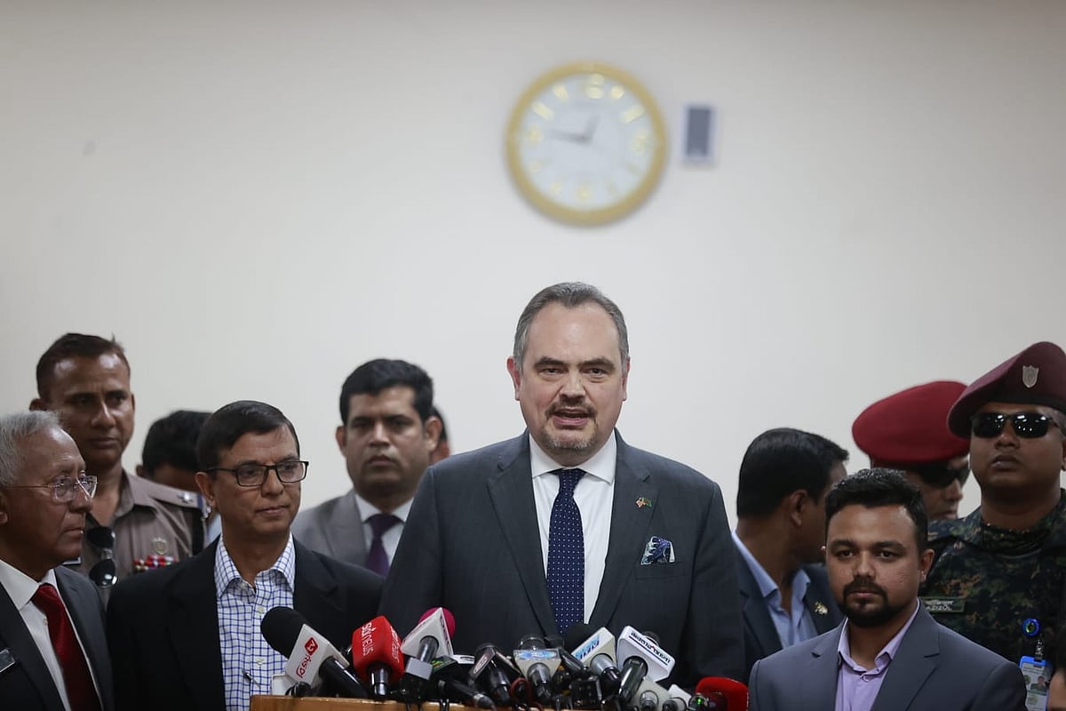 Newly appointed United States ambassador to Bangladesh, Brent Christensen, talks to the media after a meeting with the Chief Election Commissioner AMM Nasir Uddin at the election commission building in Agargaon, Dhaka on 28 January 2026