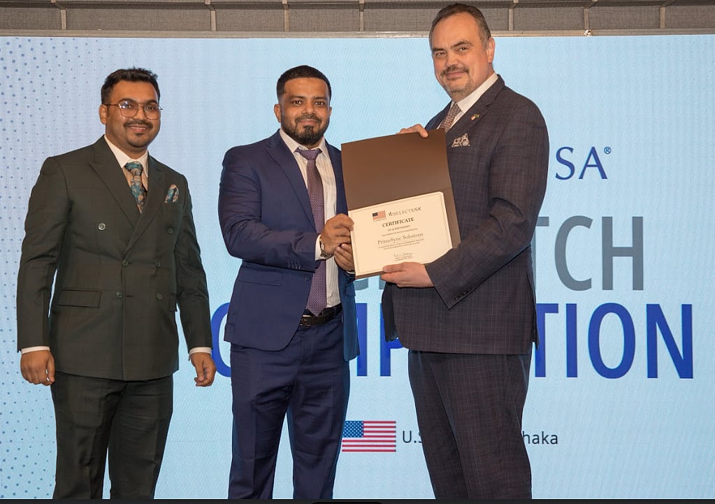 US Ambassador Brent T Christensen announced PrimeSync Solutions as the winner of the SelectUSA 2026 Tech Pitch Competition at the EMK Center in Gulshan of Dhaka on 30 January 2026.
