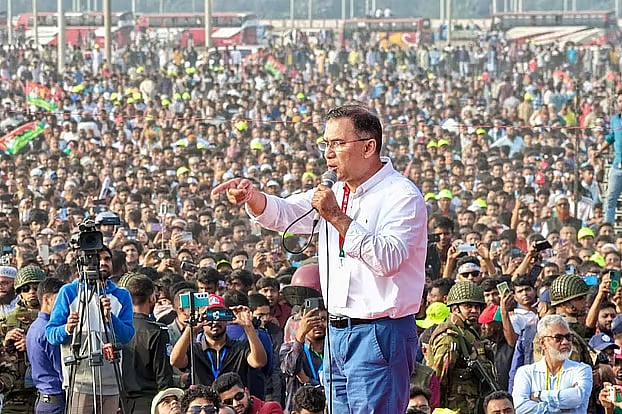 BNP Chairperson Tarique Rahman delivers a speech at an electoral rally in Sirajganj. On Saturday afternoon, he spoke at the BSCIC Industrial Park area in Chhatiantali, Sirajganj Sadar Upazila.