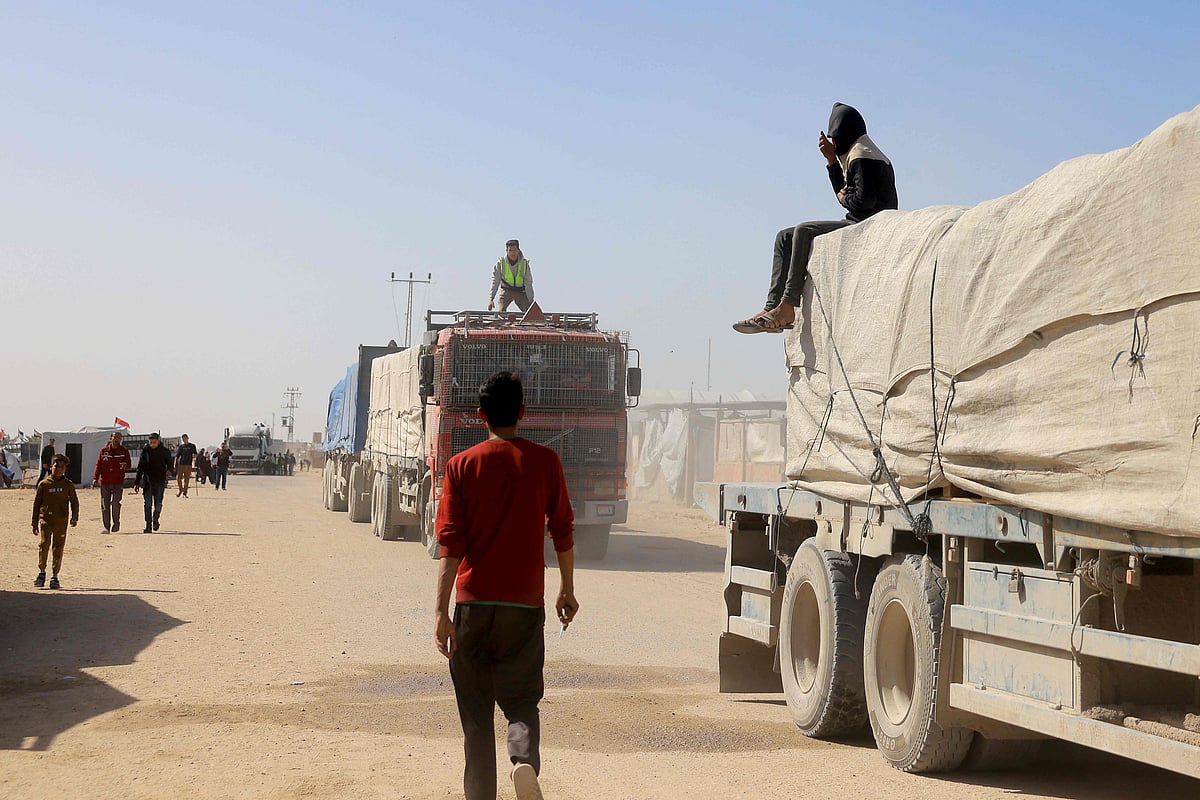 Trucks carrying humanitarian aid arrive in Khan Yunis in the southern Gaza Strip, after passing through the Rafah border crossing from Egypt, on 1 February, 2026.