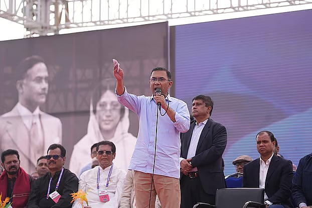 BNP Chairperson Tarique Rahman addresses an election rally at Prabhati School ground in Khulna city on Monday afternoon.