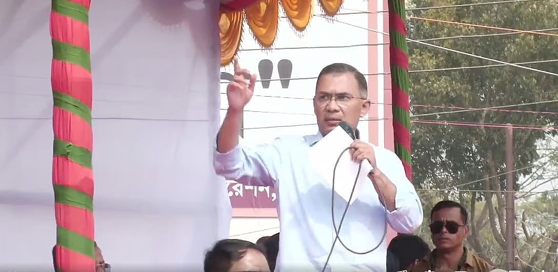 BNP chairman Tarique Rahman addresses an election rally at Bells Park on Band Road in Barishal town on 4 February 2026