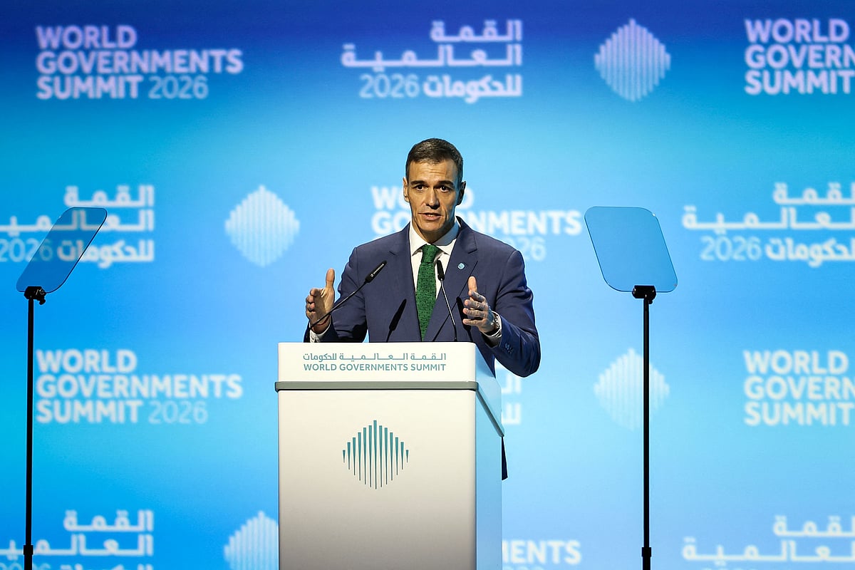Spain’s prime minister Pedro Sanchez gives a speech during the World Governments Summit in Dubai on 3 February 2026. Spain will seek to ban social media for under-16s to protect them from harmful content such as pornography and violence, prime minister Pedro Sanchez said on 3 February in the latest such move by governments. Australia established a world first in December when it banned young teenagers from some of the world’s most popular platforms, including Facebook, Instagram and TikTok while France and Portugal have also sought to follow suit.