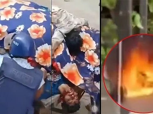 Police piled bodies onto a cycle van in Ashulia, after which the bodies were set on fire. These images were taken from verified videos and included in a United Nations report.