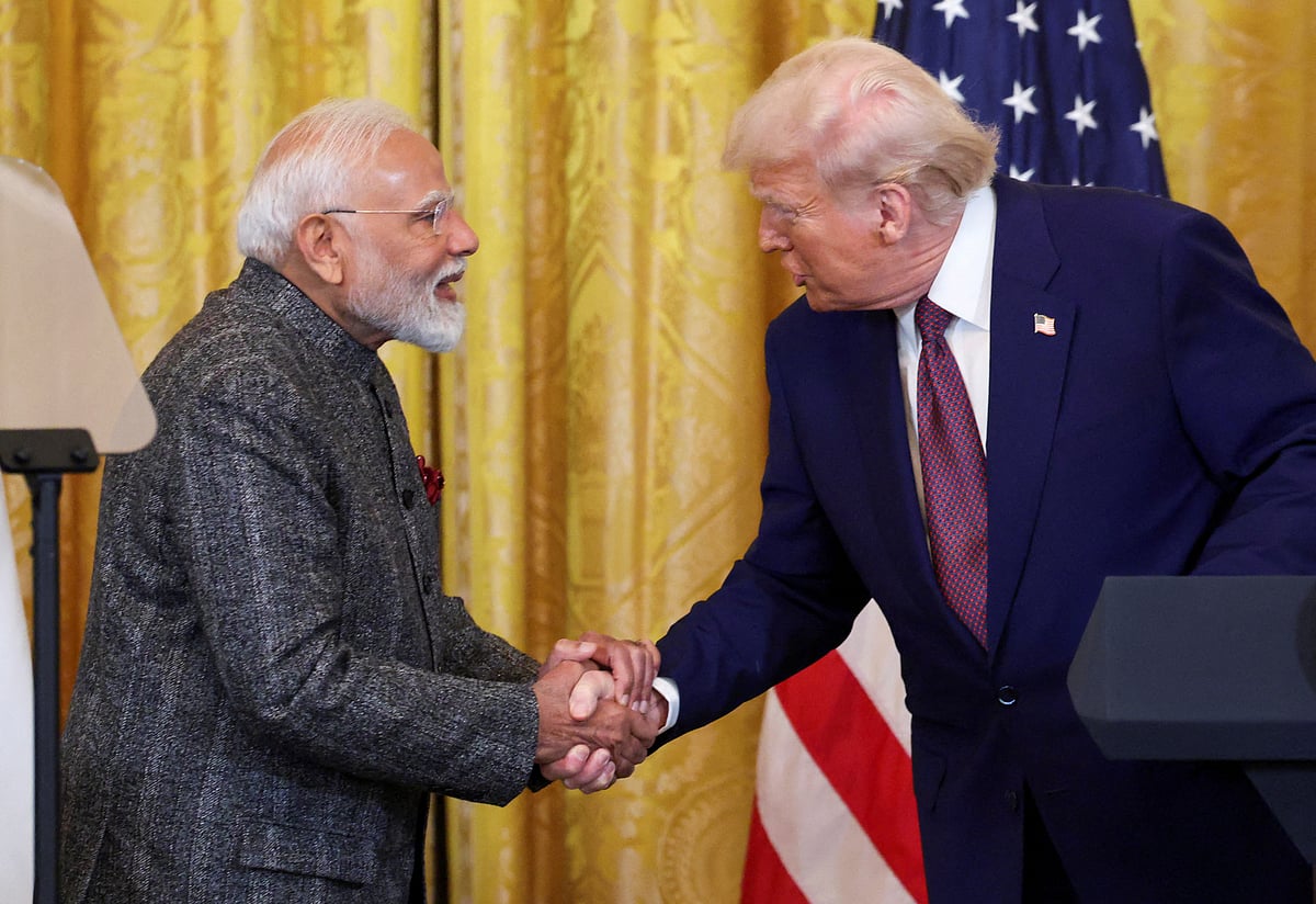 US President Donald Trump and Indian Prime Minister Narendra Modi shake hands as they attend a joint press conference at the White House in Washington, DC, US, 13 February 2025.