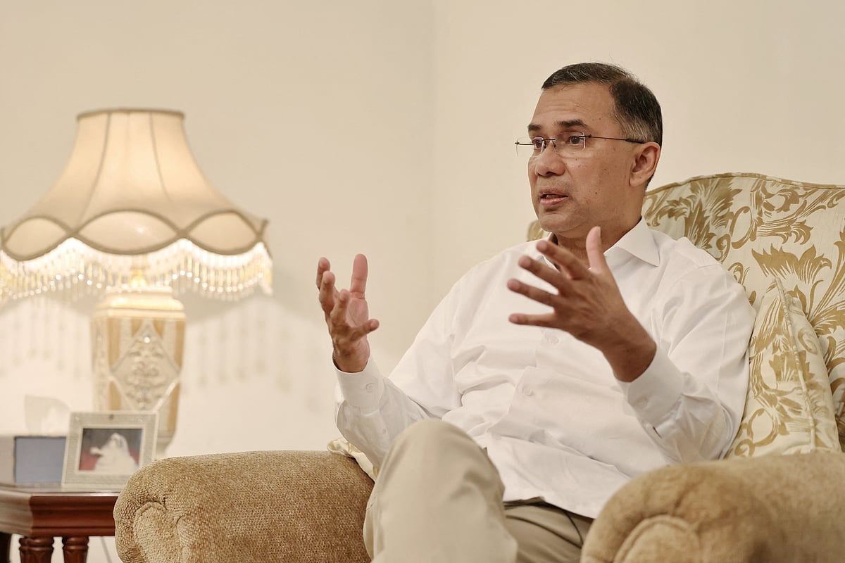 Chairman of the Bangladesh Nationalist Party (BNP) Tarique Rahman gestures during an interview with Reuters ahead of the national election, at his Gulshan office, in Dhaka, Bangladesh on 6 February 2026. 