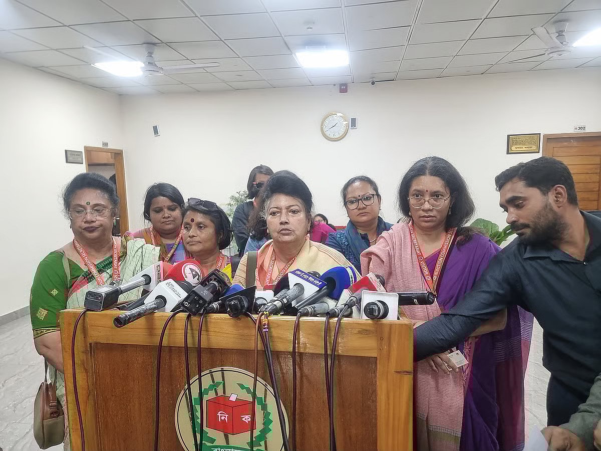 Leaders of various organisations talk to journalists after a meting with the election commission demanding cancellation of the candidacy of Jamaat ameer Shafiqur Rahman on  8 February 2026