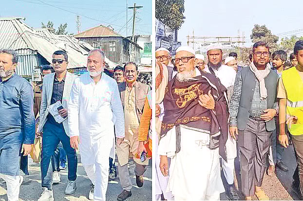 BNP candidate SM Jilani (left) and Jamaat candidate Muhammad Abdul Hamid campaigning in Gopalganj–3 constituency.