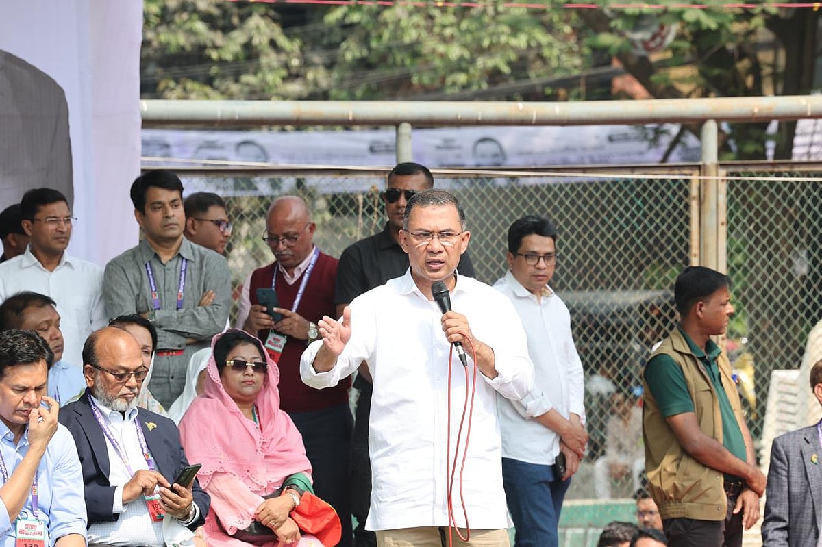 BNP chairman Tarique Rahman addresses an election rally for the Dhaka-17 constituency at a ground adjacent to Banani Bazar, Dhaka on 9 February 2026
