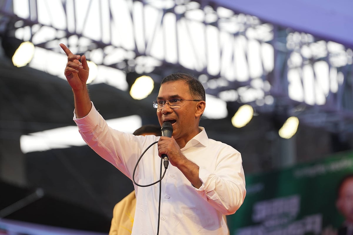 BNP chairman Tarique Rahman addresses an election rally for the Dhaka-5 constituency on Shahid Faruk Road in Jatrabari, Dhaka on 9 February 2026