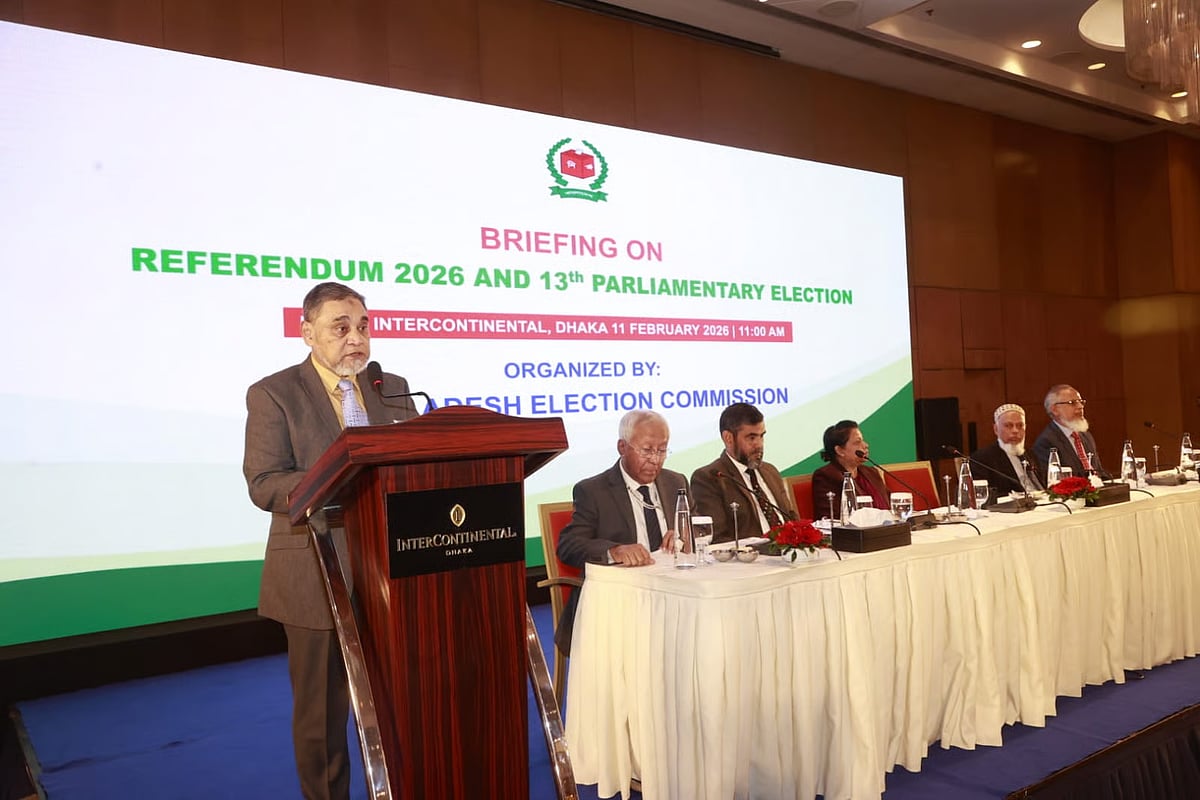 Chief Election Commissioner (CEC) AMM Nasir Uddin speaks at a briefing for foreign election observers and media personnel at the Election Commission (EC) Secretariat in Dhaka on 11 February 2026. 