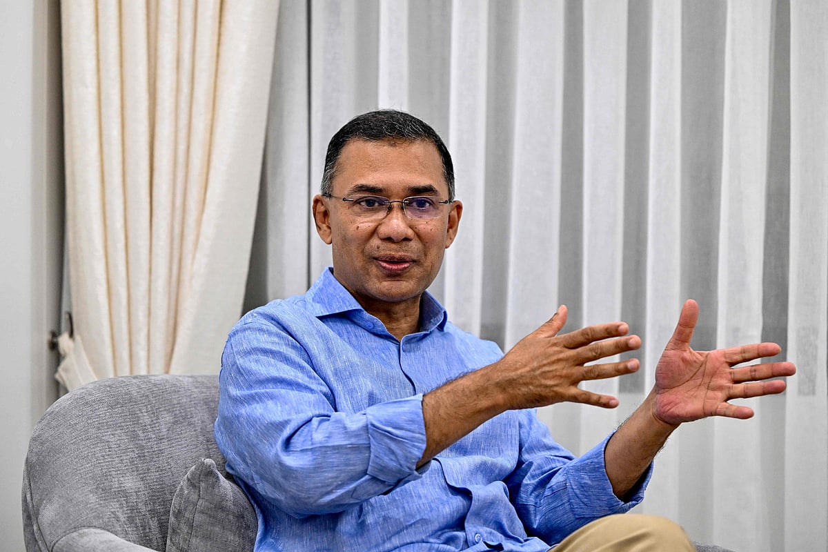 Bangladesh Nationalist Party (BNP) chairman and election candidate Tarique Rahman gestures as he speaks during an interview with AFP at the party's office in Dhaka on 10 February, 2026.