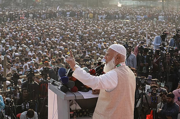 Jamaat Ameer Shafiqur Rahman addresses an election rally in Khulna Circuit House grounds.