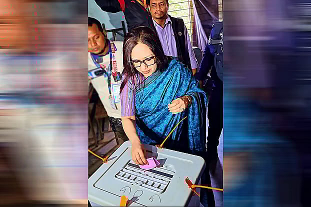 Rumin Farhana casts her vote at Shahbajpur North Government Primary School polling station in Sarail Upazila at 9:15 am