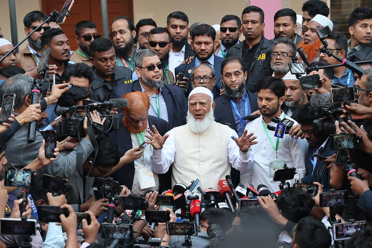 Jamaat-e-Islami ameer Shafiqur Rahman talks to the media after casting his vote at Monipur High School and College at Mirpur in Dhaka on 12 February 2026