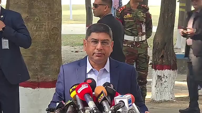 Army chief General Waker-Uz-Zaman talks to the media after casting his vote at the Adamjee Cantonment College polling centre in Dhaka shortly after 10:30 am on 12 February 2026