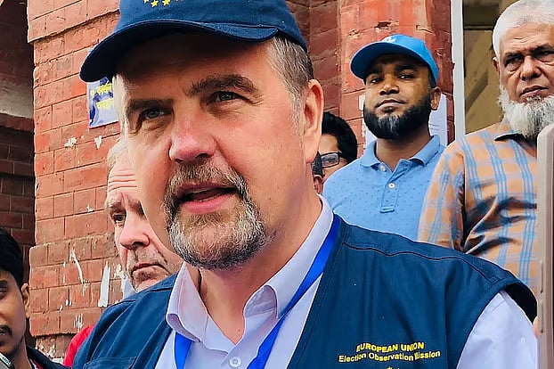Ivars Ijabs, head of the European Union (EU) Election Observation Mission speaks on Thursday after visiting the Curzon Hall at Dhaka University to monitor polling during the 13th national parliamentary election