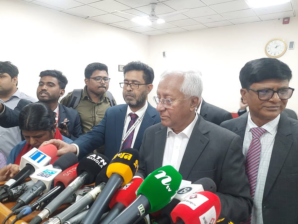 Election commission senior secretary Akhtar Ahmed talks to the media 
