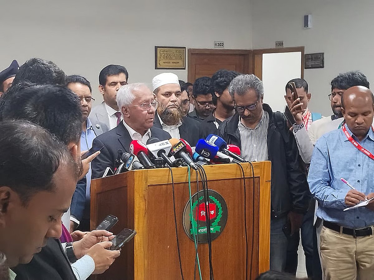 Election commission senior secretary Akhtar Ahmed talks to the media at the Election Commission headquarters in Agargaon, Dhaka on 13 February 2026