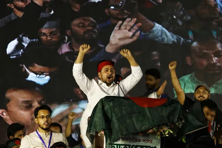 Nahid Islam, convener of the new political party formed by Bangladeshi students, the Jatiyo Nagarik Party, speaks in front of the Parliament building, in Dhaka, Bangladesh on 28 February 2025.