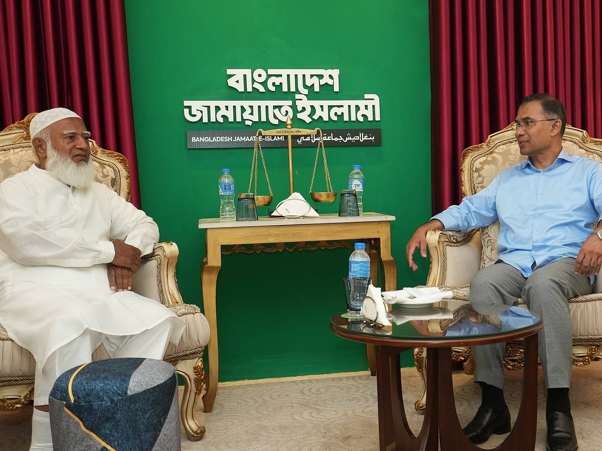 Bangladesh Jamaat-e-Islami ameer Shafiqur Rahman the Bangladesh Nationalist Party chairman Tarique Rahman at a meeting at the residence of Jamaat ameer at the Bashundhara Residential Area, Dhaka on 15 February 2026