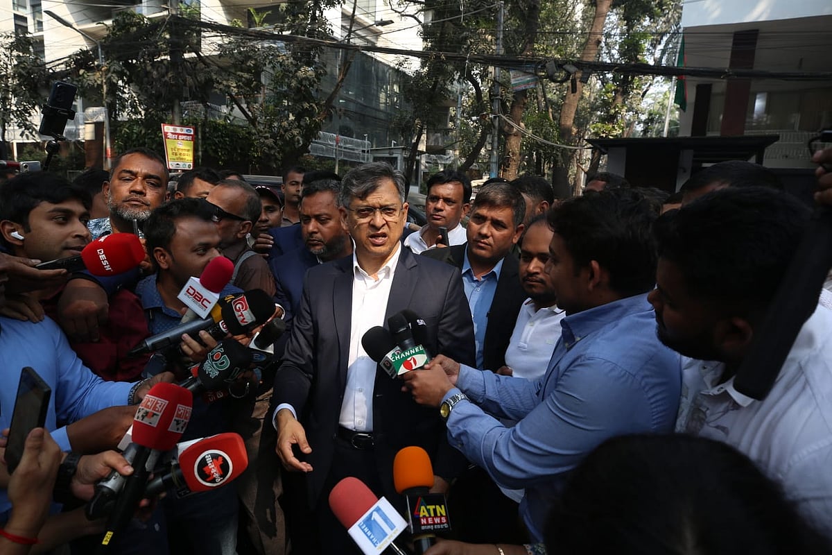 BNP standing committee member Salahuddin Ahmed talks to the media outside the BNP chairman’s political office in Gulshan, Dhaka on 16 February 2026