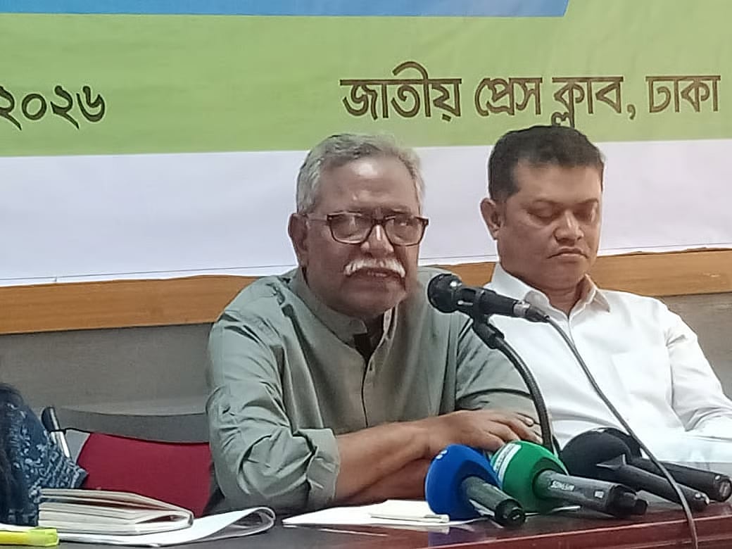 Former Jahangirnagar University economics professor Anu Muhammad speaks at a discussion session at the National Press Club in Dhaka on 19 February 2026. 