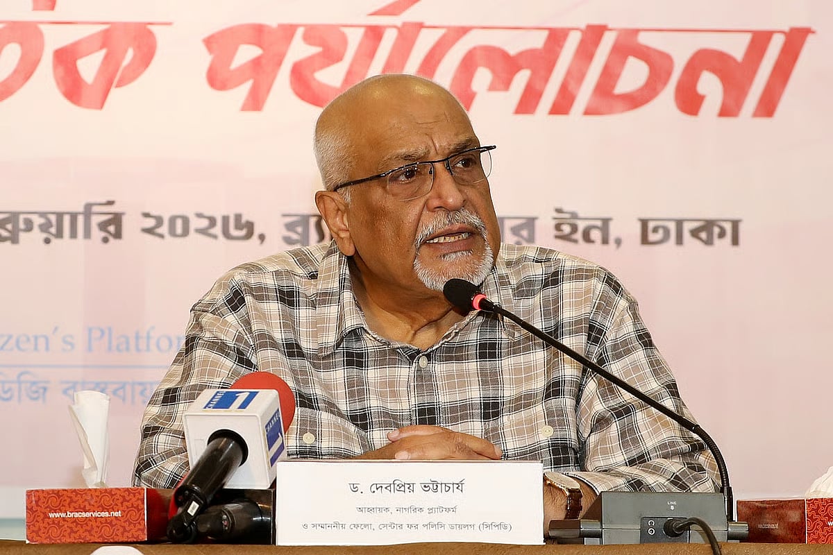 Debapriya Bhattacharya, convener of the Citizen's Platform, speaks at a media briefing titled ‘Starting Point of the New Government: An Economic Review', organised by the platform at BRAC Centre Inn in Dhaka on 19 February 2026.