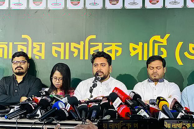 Nahid Islam, the convener of the National Citizen Party (NCP), at a press conference. The photo was taken today, Thursday afternoon, at NCP's temporary central office in Banglamotor, Dhaka.
