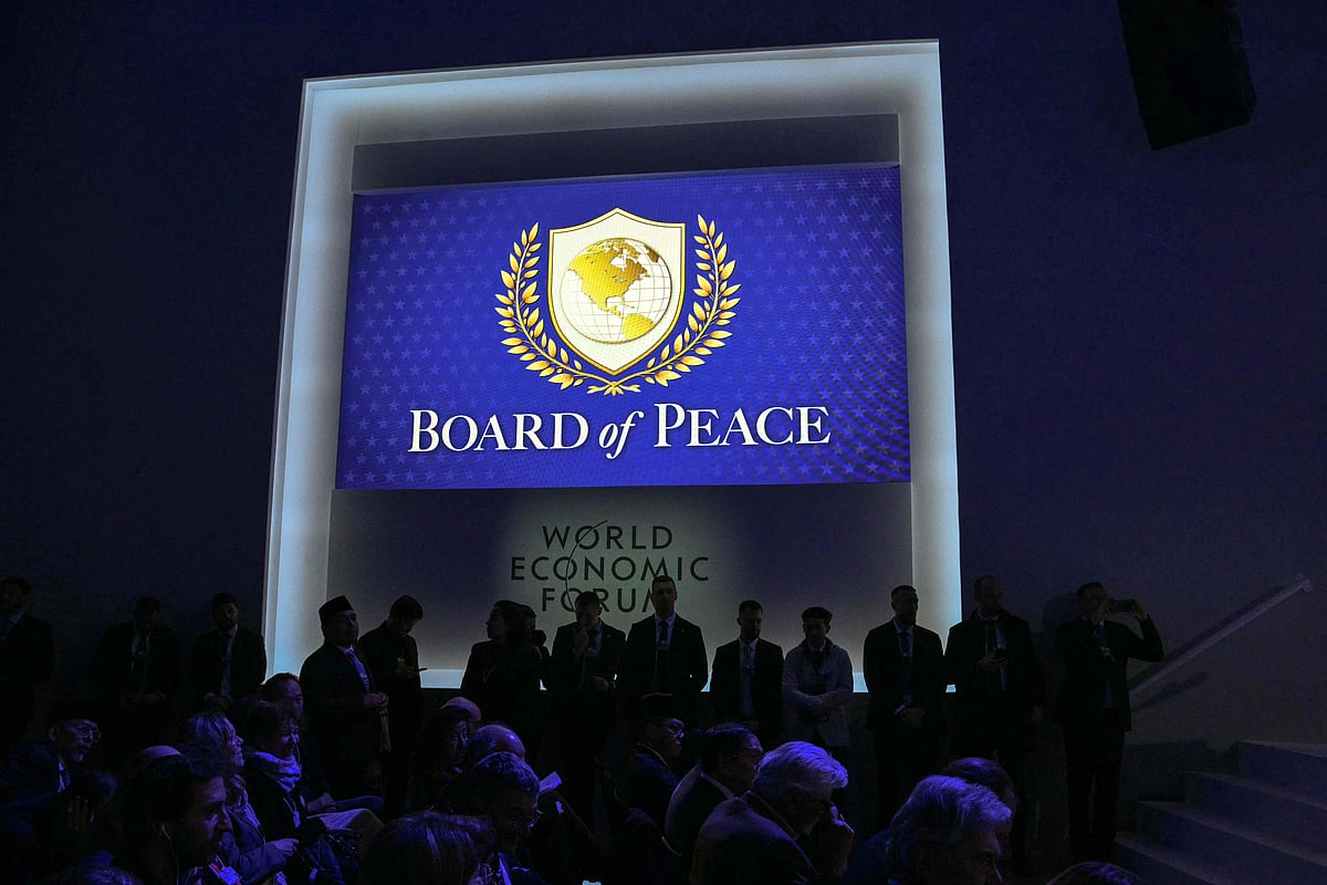 (FILES) This photograph shows the logo of the "Board of Peace" during the World Economic Forum (WEF) annual meeting in Davos on 22 January, 2026.