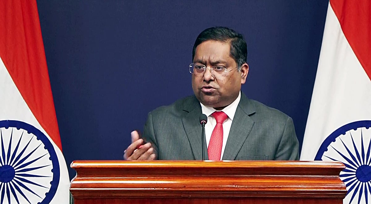 India’s Ministry of External Affairs (MEA) Spokesperson Randhir Jaiswal addresses the press conference, in New Delhi on 20 February 2026.