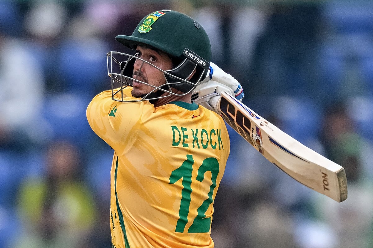 South Africa’s Quinton de Kock plays a shot during the 2026 ICC Men’s T20 Cricket World Cup group stage match between South Africa and United Arab Emirates at the Arun Jaitley Stadium in New Delhi on 18 February 2026.
