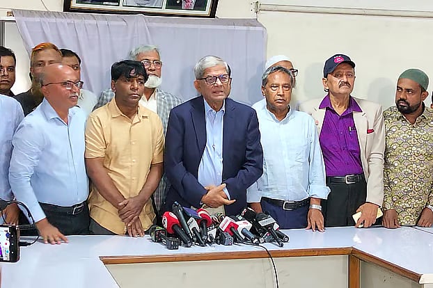 Mirza Fakhrul Islam Alamgir, the Secretary General of the BNP, speaks to journalists at the BNP central office in Naya Paltan in the capital.