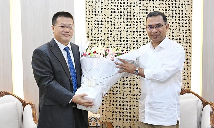 Chinese ambassador to Bangladesh Yao Wen pays a courtesy call on prime minister Tarique Rahman at the cabinet division in the Bangladesh Secretariat on 23 February 2026