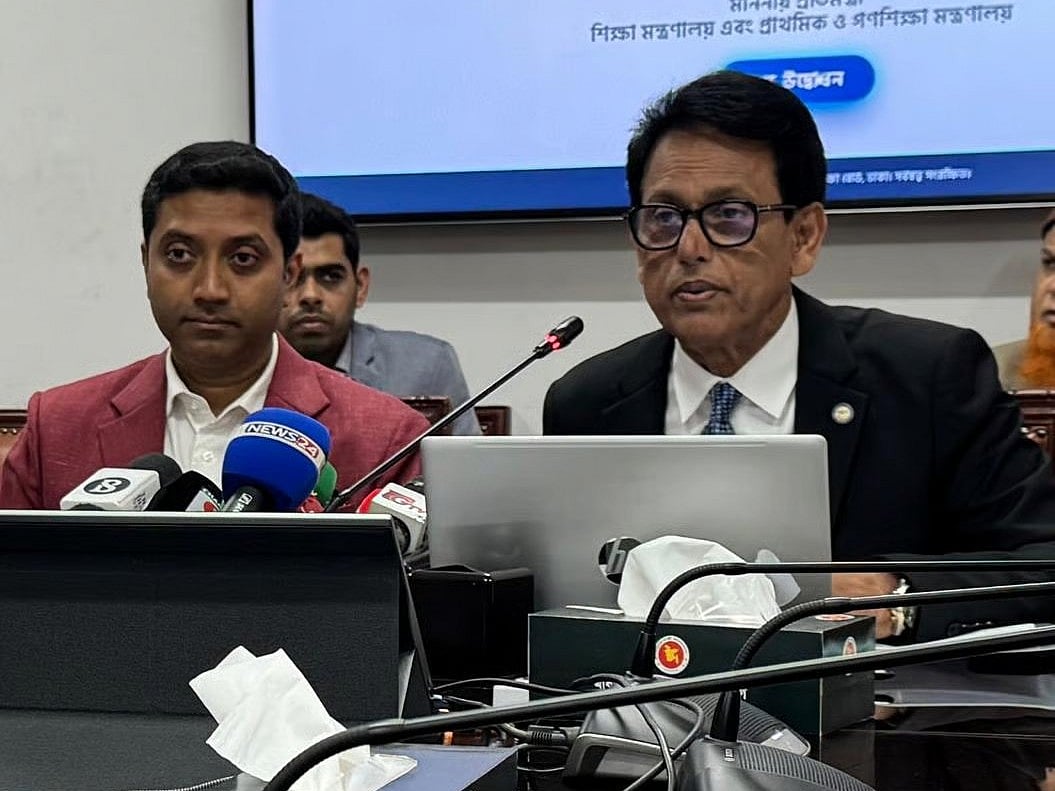 Education Minister ANM Ehsanul Haque Milon speaks at a press conference at the Secretariat on the occasion of publishing the junior scholarship examination results; State Minister for Education Bobi Hajjaj was also present.