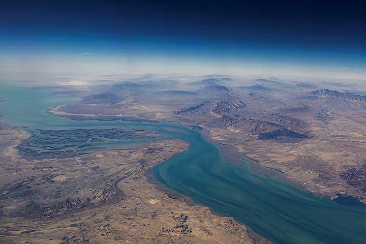 An aerial view of the Iranian shores and the island of Qeshm in the strait of Hormuz, 10 December, 2023. 