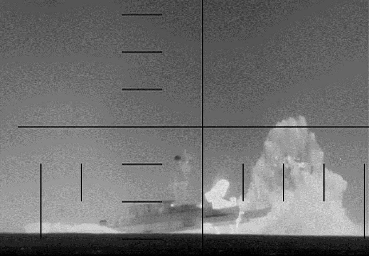 This frame grab from a video released by the US Department of Defense on March 4, 2026, shows what the Department of Defense says is periscope footage of a US Navy submarine firing on and sinking an Iranian warship in the Indian Ocean. 