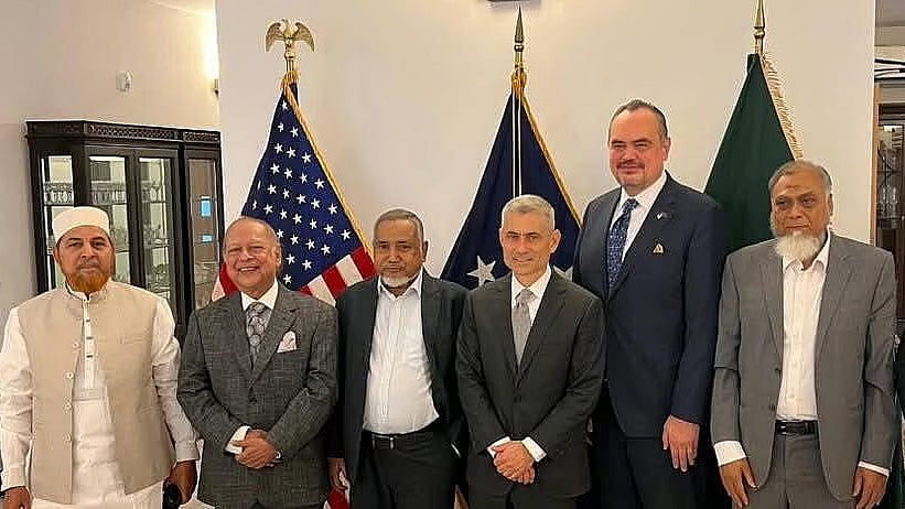 Nayeb-e-ameer and deputy leader of the opposition in the national parliament Syed Abdullah Muhammad Taher speaks to reporters after holding talks with US Assistant Secretary of State for South and Central Asian Affairs Paul Kapur on Thursday morning.