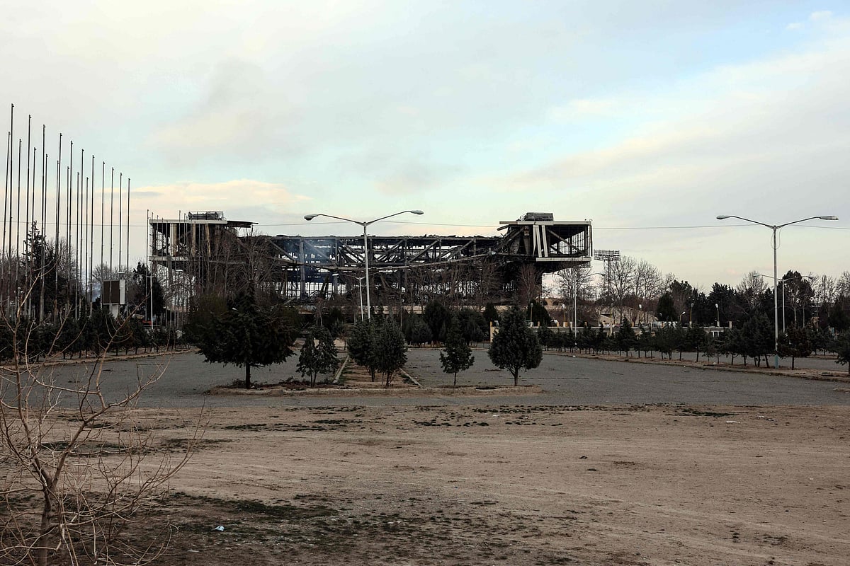 A photograph shows a heavily damaged building at Tehran's Azadi Sport Complex following a strike, on 5 March 2026.