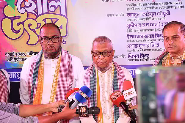 Expatriates' welfare and overseas employment minister Ariful Haque Chowdhury speaks to Journalists during the Holi festival on Saturday morning, in the Mirzajangal Manipuri Rajbari area of ​​Sylhet city.