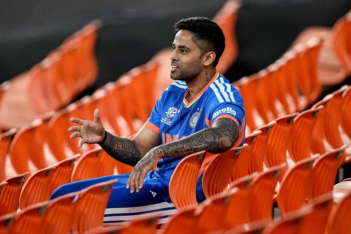 India's captain Suryakumar Yadav gestures during the television interview on the eve of the 2026 ICC Men's T20 Cricket World Cup final match against New Zealand at the Narendra Modi Stadium in Ahmedabad on March 7, 2026