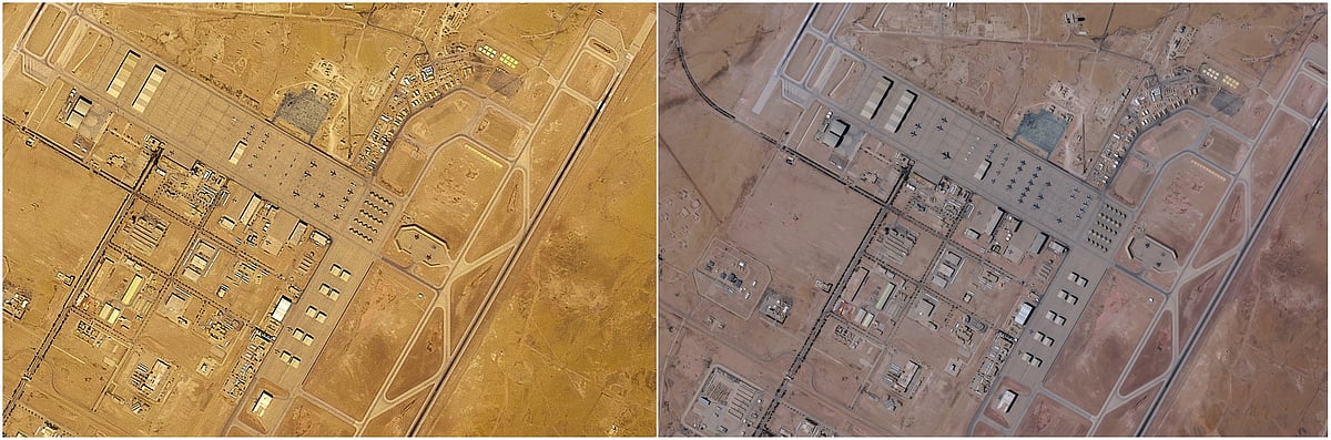 A combination picture of satellite images show planes at Prince Sultan Air Base in Saudi Arabia on 17 February 2026 (left), and on 21 February 2026 (right).