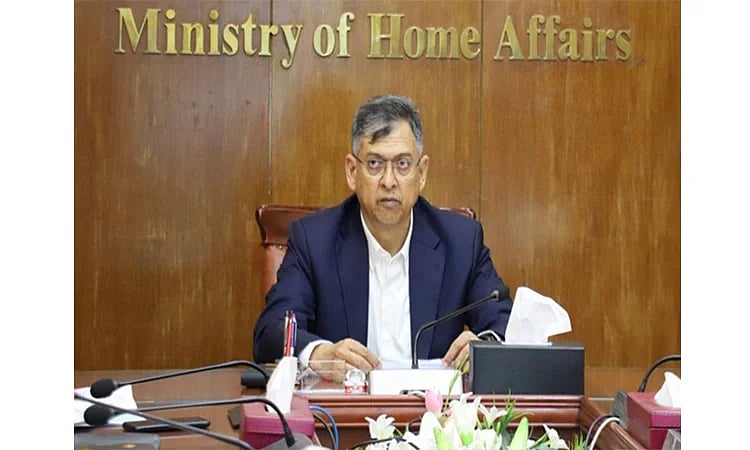 Home minister Salahuddin Ahmed speaks with journalists after holding two separate meetings at the home ministry on 8 March 2026