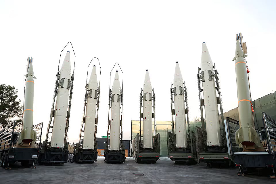Iranian ballistic missiles are displayed during the ceremony of joining the Armed Forces, in Tehran, Iran, 22 August, 2023.