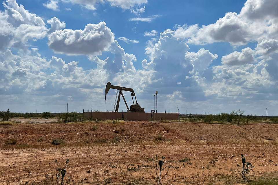 A pumpjack, used to help lift oil from a well, in the Permian basin near Midland, Texas, US, 8 October, 2025.