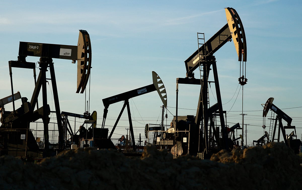  Pumpjacks operate while others stand idle in the Belridge oil field on 10 March 2026 near McKittrick, California