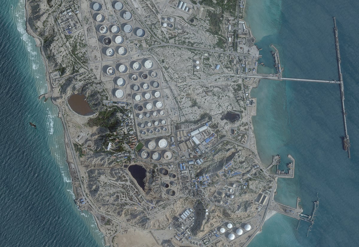 A satellite image shows an oil terminal at Kharg Island, Iran, 25 February 2026.